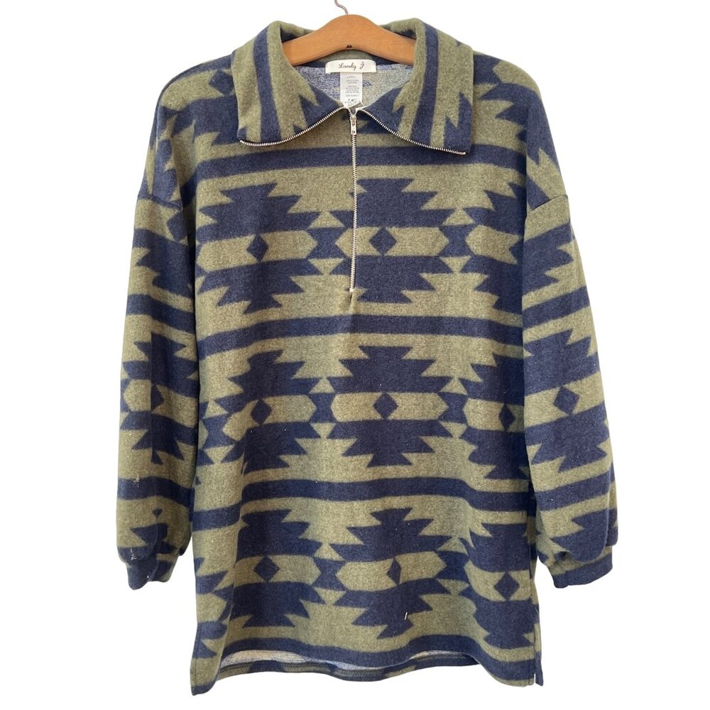 Lovely J Sweatshirt Size 1X Aztec Print Half Zip Pullover Fleece Green Navy NEW